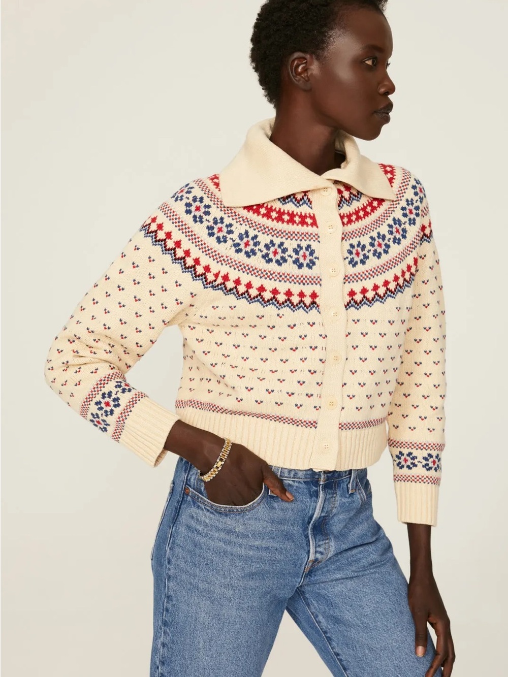 The Great Fair Isle Collared Cardigan Size 3 L/XL Cream Red Blue Ski Sweater